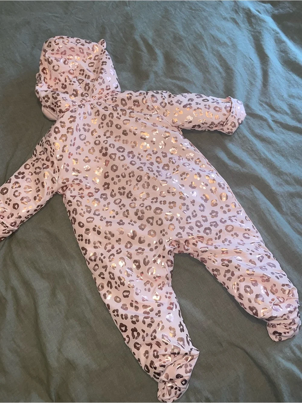 Baby Pink Leopard Hooded One-Piece with metallic Gold Accents 0-3 month
